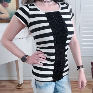 Black & White Striped Blouse with Floral Lace